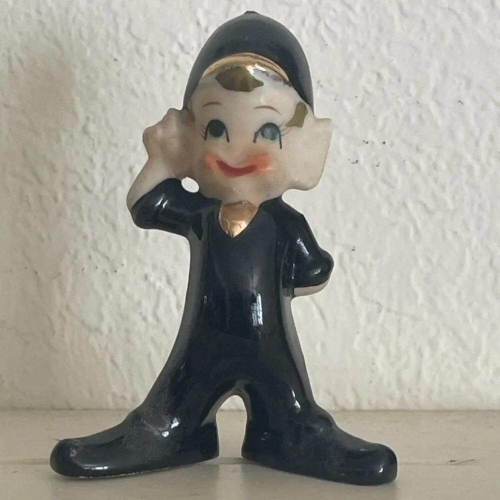Vintage Pixie Elf Figurine Black Mid Century 1950s Japan Ceramic Miniature 3.5
